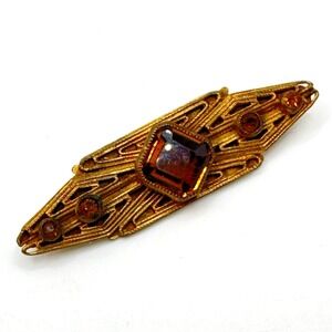 Vintage Art Deco Brass Filigree Brooch Copper Glass Rhinestones Openwork Pin